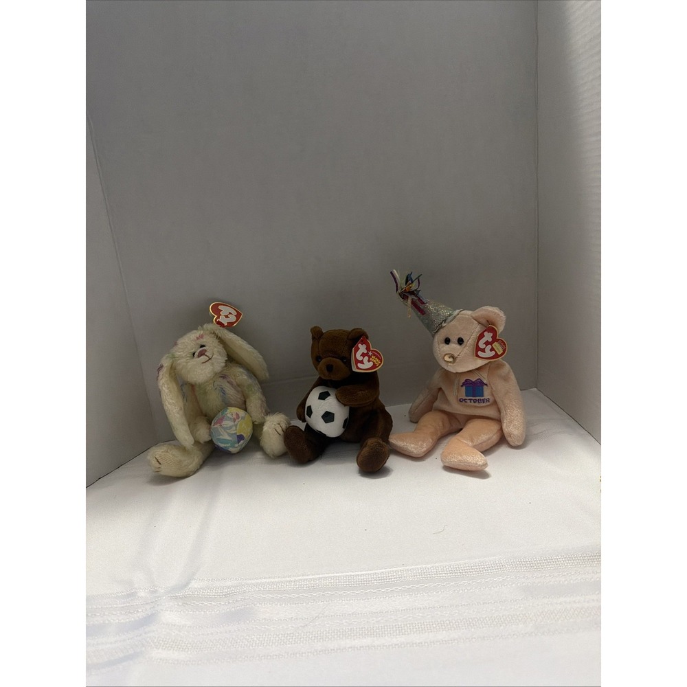 Ty Beanie Babies Lot Tumbles Bunny Kicks Soccer Bear October Birthday Bear 3pc
